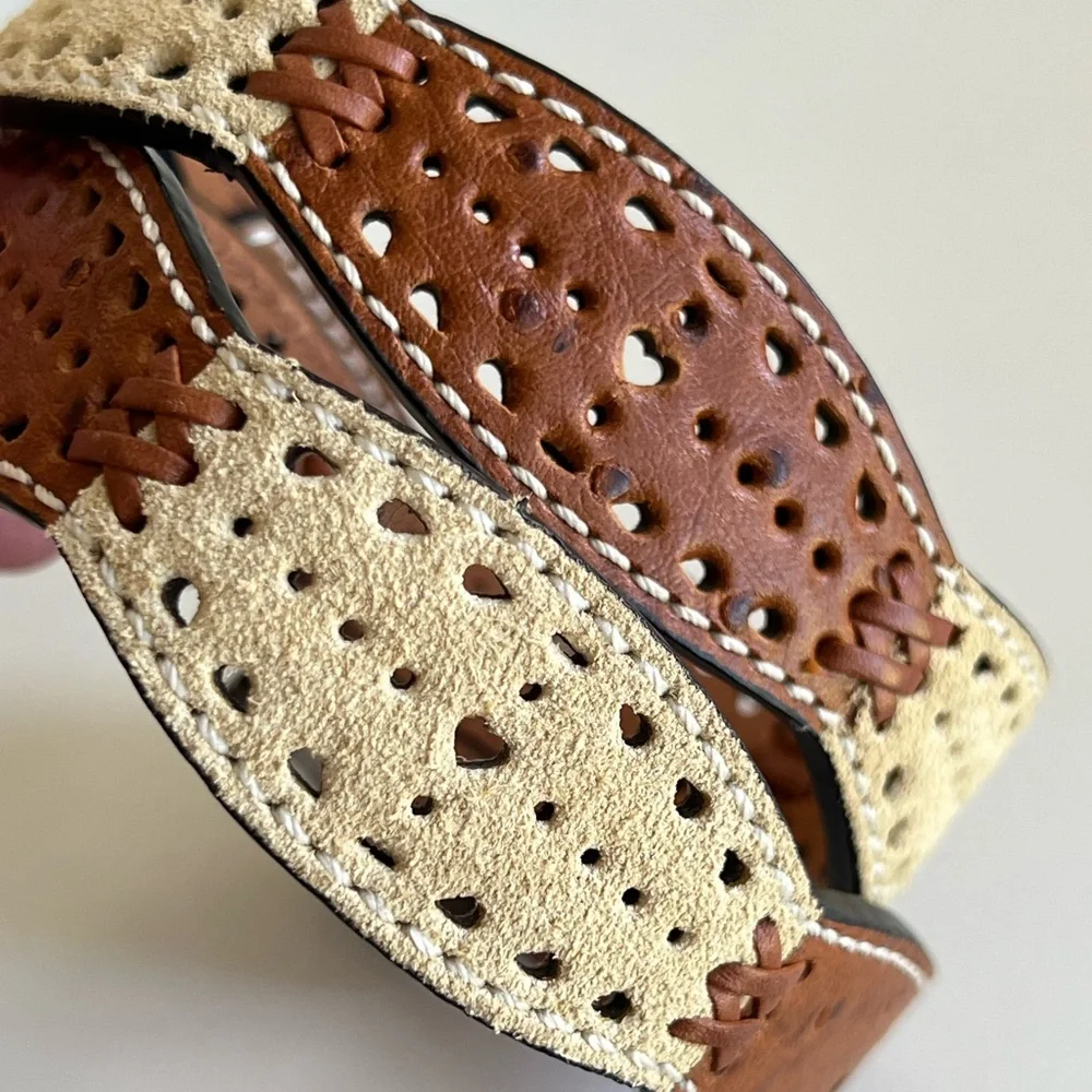 ARIAT Girls Brown Cream Perforated Leather Heart Western Cowgirl Belt Size 24